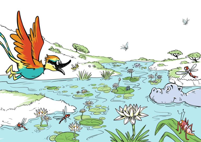 Bee Eaters Bold Adventure An illustrated scene depicting a vibrant, colorful bird in flight over a serene water landscape with lily pads, dragonflies, and a happy hippopotamus in the water.
