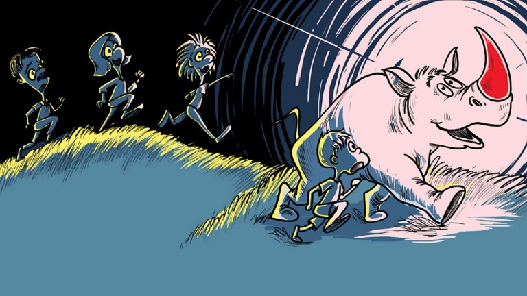 An animated illustration of a red-horned rhinoceros being chased by four characters. The scene is colorful, showcasing dynamic movement and expressions of amusement.