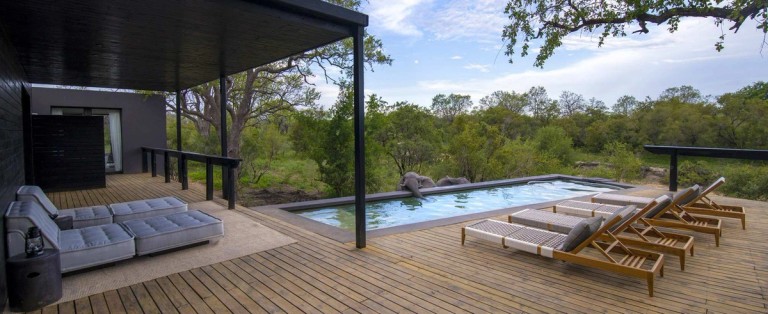 Silvan Safari Poolside Area The image showcases a modern poolside area at Silvan Safari, featuring comfortable loungers, a sleek pool, and lush natural surroundings. The scene is tranquil, embodying an inviting outdoor space for relaxation amid nature.